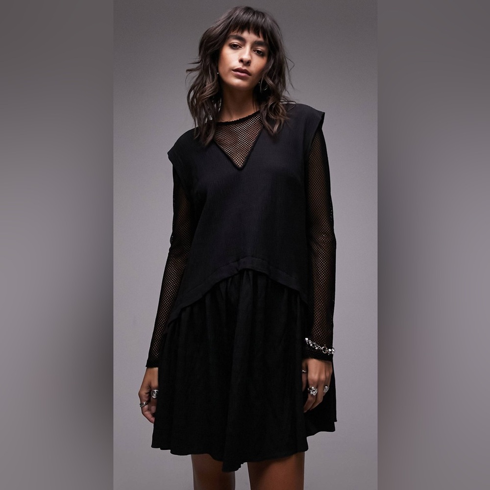 Topshop mesh insert mini chuck on dress in black